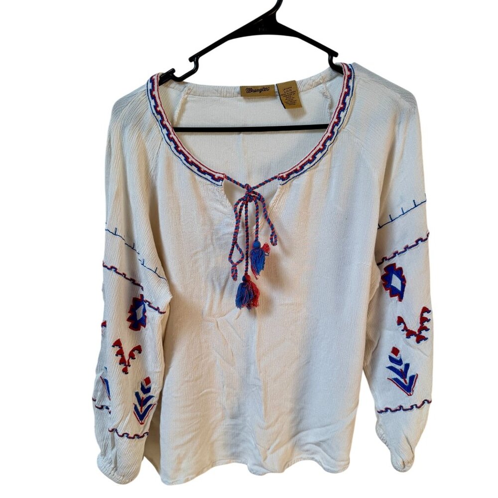 Wrangler White Peasant Embroidered Top Festival Flowy Smocked Boho Sz. L